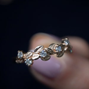 Leaf ring simple floral engagement diamond fairytale wedding band for women 14K solid gold image 3