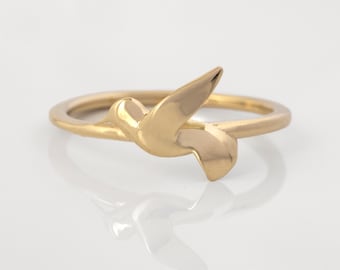 14K Gold Hummingbird Ring: Minimalist Bird Stacking Ring