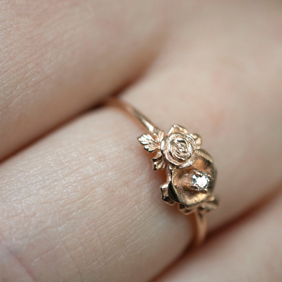 Floral Stacking Dainty Rose Flower Ring for Women With Diamonds in 14K