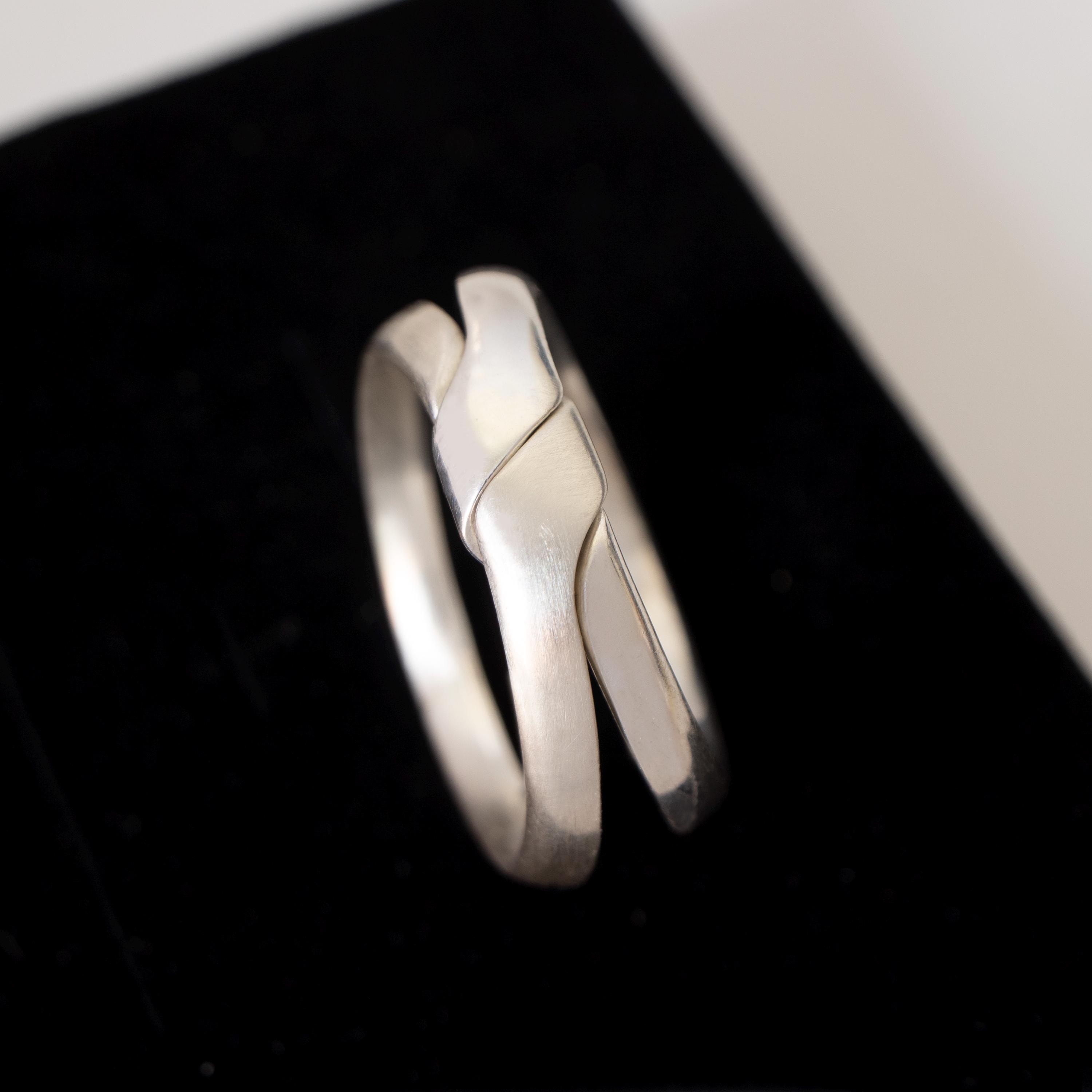 Modern Sterling Silver Gimmel Ring: Secret Message Puzzle Wedding Band