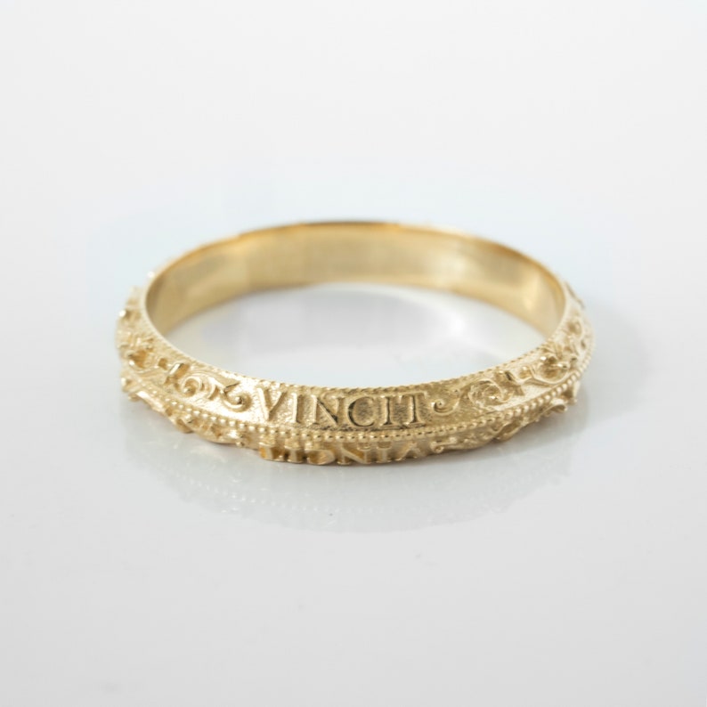 Antique 'Love Conquers All' Wedding Ring Latin Letters Victorian Vintage Wedding Band in 14 karat Solid Gold image 6