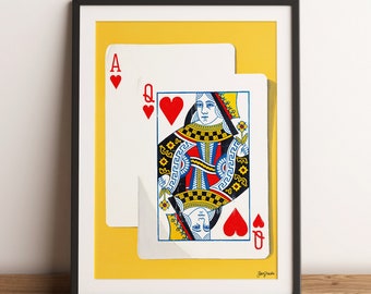 Póster de Blackjack As Reina – Arte mural de cartas de juego – Decoración para sala de juegos de casino – Lámina de arte de juego vintage