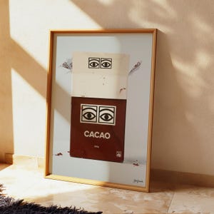 May include: A vintage-style illustration of a brown box with the word "CACAO" printed in white. The box has two black eyes on the front and a white label with two black eyes on top.