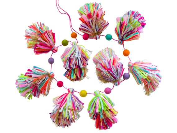Tassel garland yarn tassels rainbow tassels felt ball garland kids room decor nursery decoration nursery ideas llama party