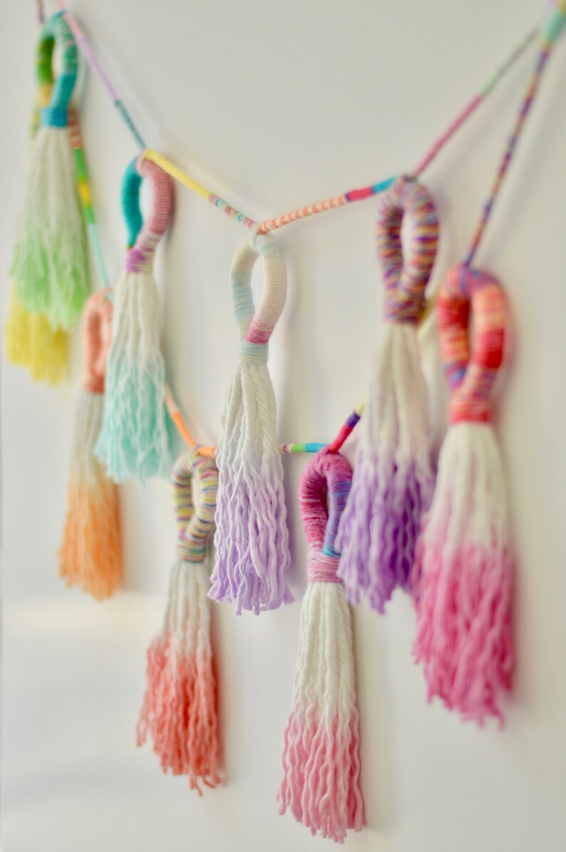 Blue Sage Wood Bead Tassel Garland Yarn Wall Hanging Tassel Wall