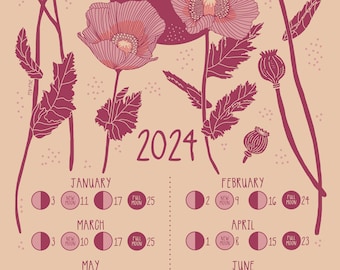 2024 Lunar Calendar - Art Calendar - Moon Phase Calendar - Moon Cycle