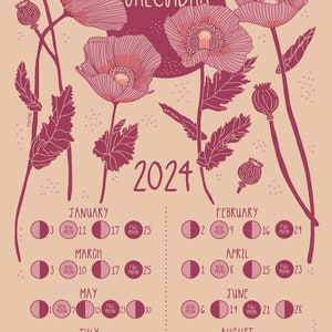 2024 Lunar Calendar - Art Calendar - Moon Phase Calendar - Moon Cycle