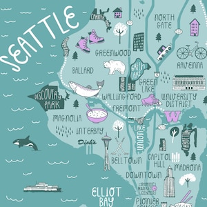 Mappa di Seattle - Mappa illustrata - Stampa artistica - Stampa 8"x10" - Arte accessibile
