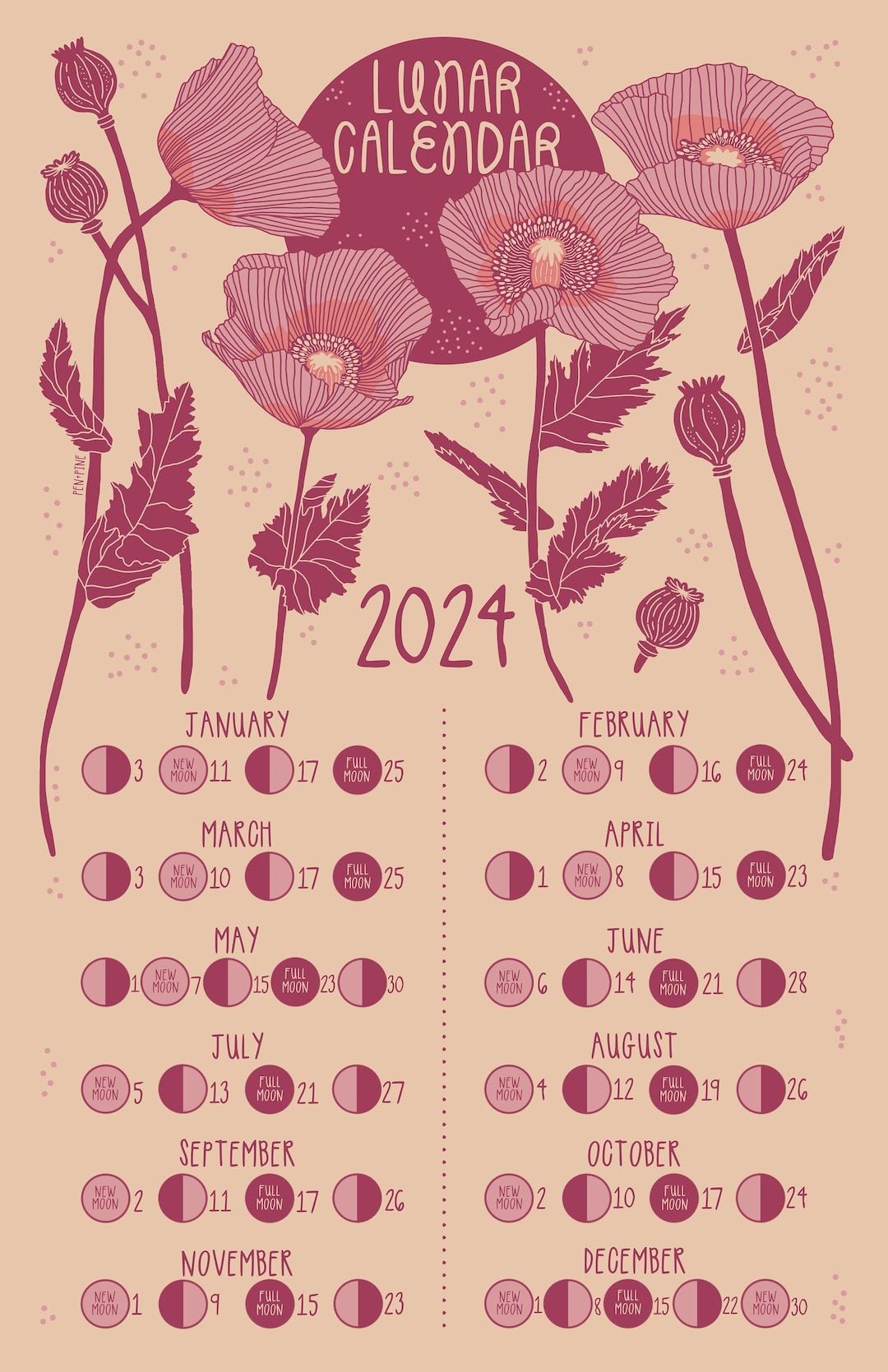 2024-lunar-calendar-art-calendar-moon-phase-calendar-moon-cycle-etsy-uk