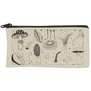 Zippered Mushroom Pouch - Small Canvas Bag - Illustrated Cotton Pouch