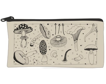 Zippered Mushroom Pouch - Small Canvas Bag - Illustrated Cotton Pouch