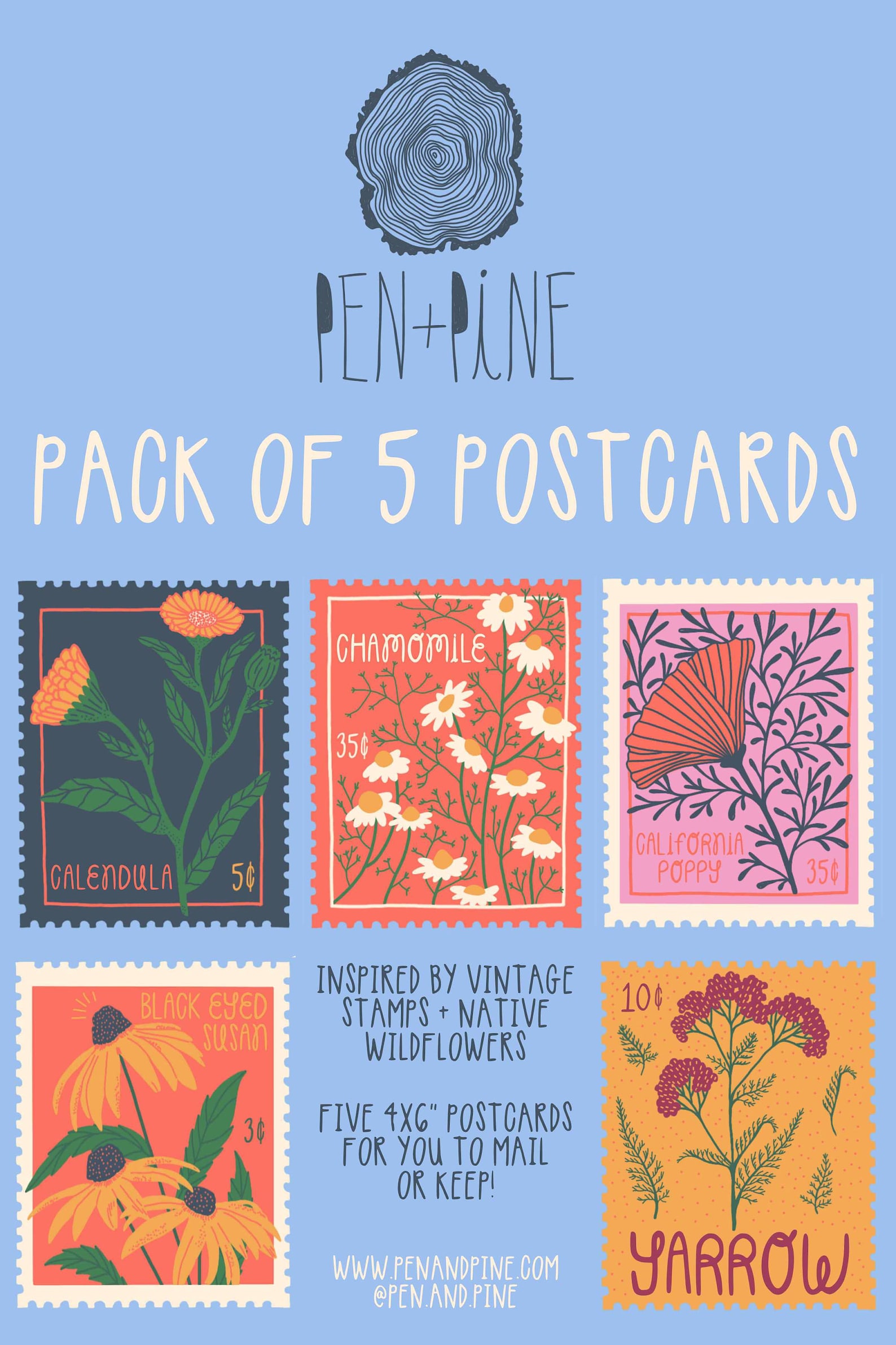 Wildflower Postcard Pack - Set of 5 Postcards - 4x6" Postcards ...