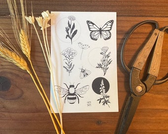 May include: A sheet of white paper with black line drawings of flowers, butterflies, bees, and a lupine. The paper is on a wooden surface with a pair of scissors.