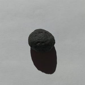 May include: A small, round, black rock with a rough, textured surface.