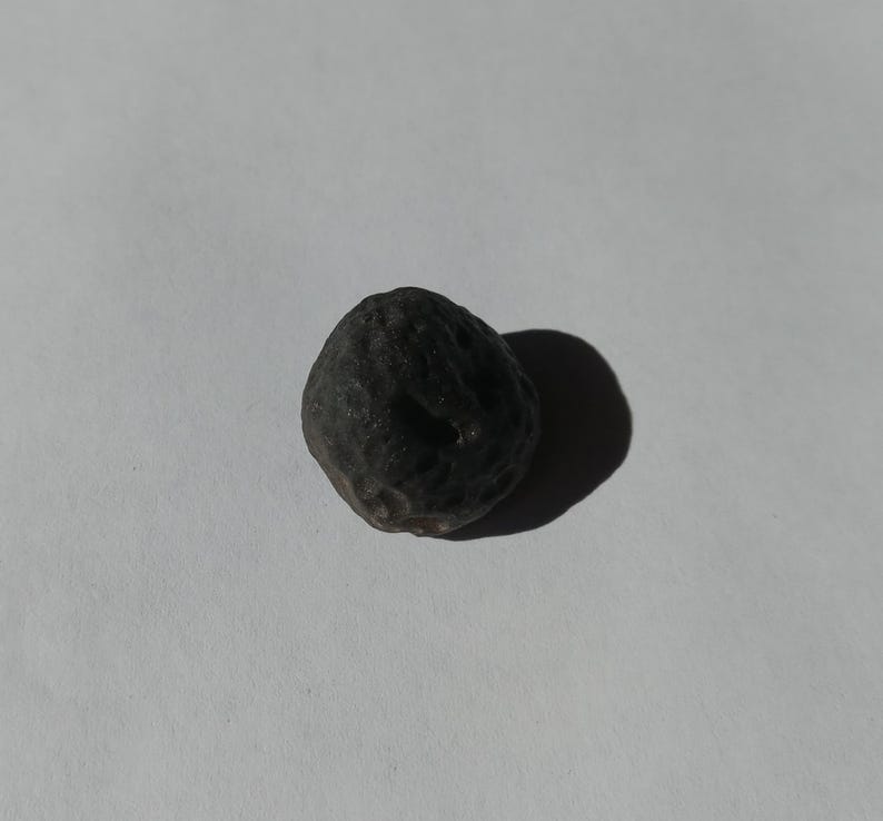 May include: A dark gray, round, textured stone with a rough surface.