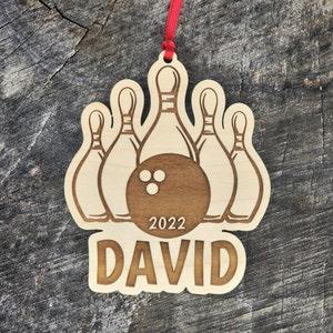 Bowling Christmas Ornament - with Gift Box - Personalized with Name and Year - Wood Christmas Ornament - Natural Wood - Perfect Game