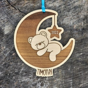 Baby Boy or Girl Bear Sleeping on Moon Christmas Ornament - with Gift Box - Personalized - Baby Bear - Star - First Christmas - Newborn Baby