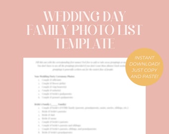 Hochzeit FAMILIE FOTO Liste digital herunterladbare VORLAGE im Doc Format, Event Planung Foto Vorlage für Familie