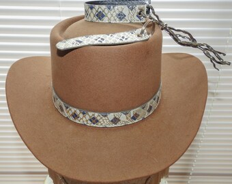 White Stitched Leather Hatband Hat Band /& Bracelet Keychain Woman Man Unisex Cowboy Cowgirl Rodeo Western