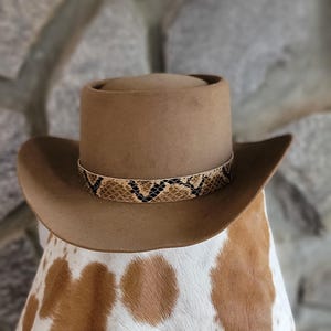 May include: A tan cowboy hat with a snakeskin band. The hat has a rounded crown and a wide brim. The snakeskin band features a pattern of tan, black, and brown. The hat is a western-style accessory.