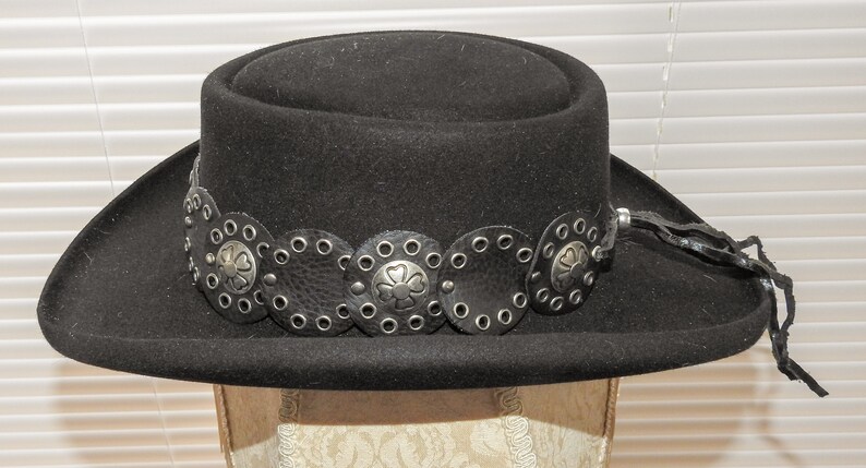 Black Faux Leather with Silver Studs /& Grommets and Four 4 Leaf Clover Wide Hatband Hat Band Western Cowboy Cowgirl Rodeo