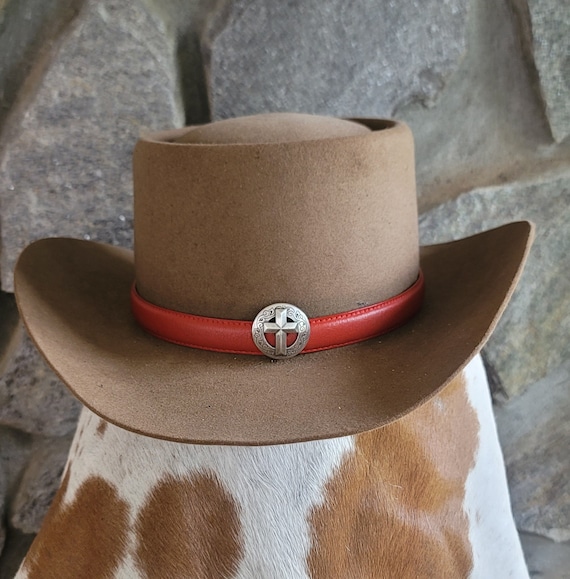 Red Leather Silver Christian Cross Concho Hatband Hat Band  display picture 3