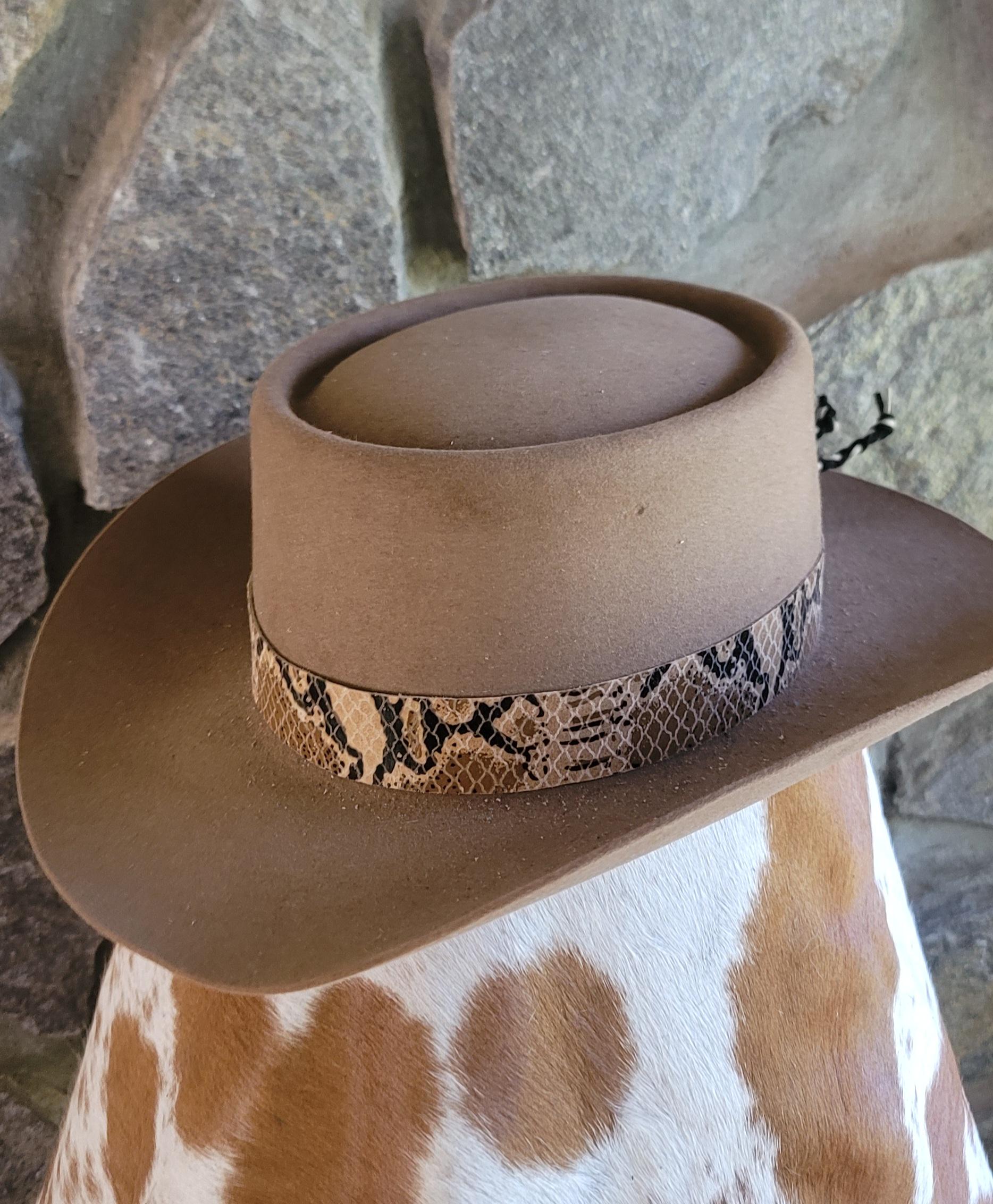 Vintage Custom Taupe Miller 5x Cowboy Hat Velvet Band, Paisley Bow and Feather Custom Brown Vegan Felt Cowboy Hat: Cowhide & Turquoise - Etsy main image 2
