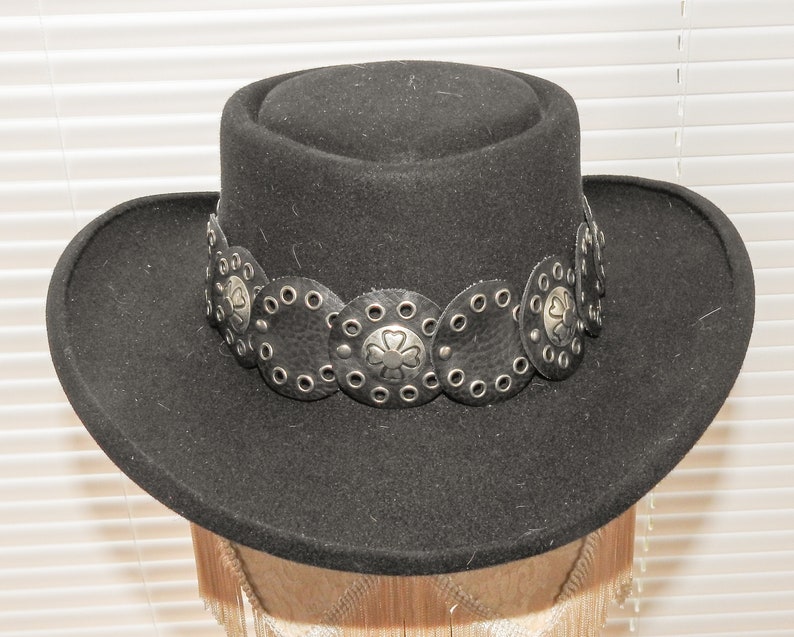 Black Faux Leather with Silver Studs /& Grommets and Four 4 Leaf Clover Wide Hatband Hat Band Western Cowboy Cowgirl Rodeo