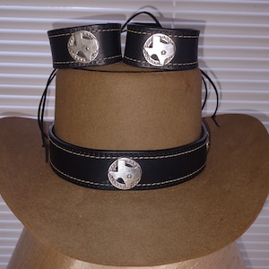 Black genuine stitched leather silver metal Texas concho Western hat band Hatband and matching bracelets Cowboy Cowgirl rodeo