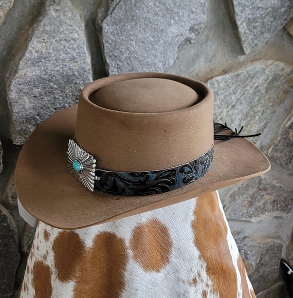 Brown Wide-Brim Felt Hat with turquoise concho Leather Band Turquoise and Heishi Silver Concho Hat Band - Southwest  main image 3
