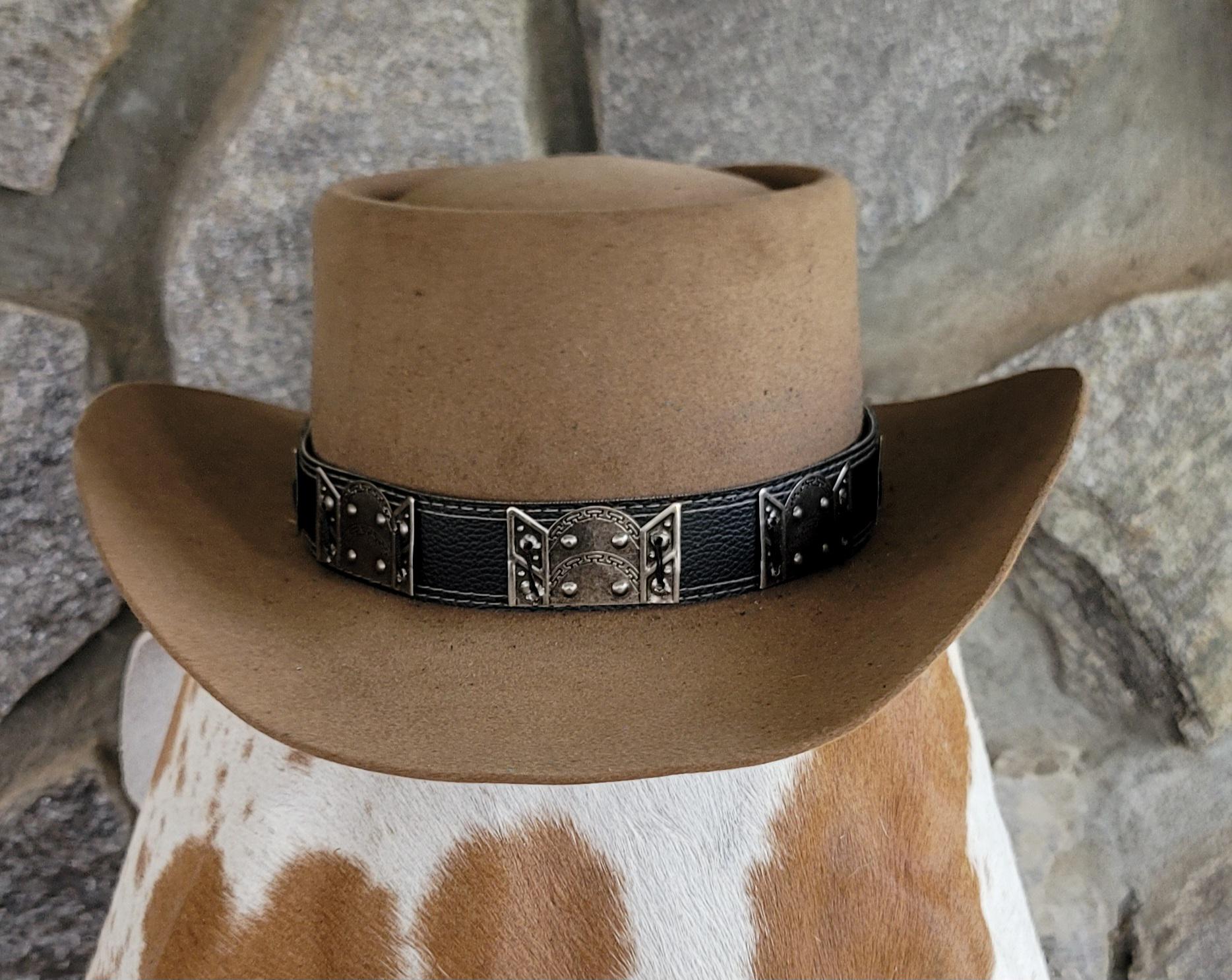 ? Faux Leather Western Cowboy Hat – Brown AND Black | Heart Concho Band Faux Leather Cowboy Hat, Wide Brim Ranch Style, Vintage  main image 4