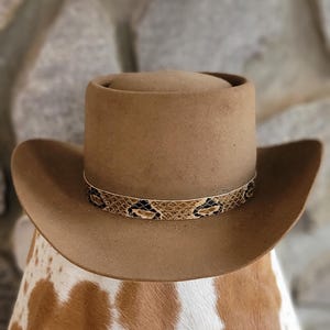 May include: A brown cowboy hat with a snakeskin band. The hat has a wide brim and a tall crown. The snakeskin band features a pattern of tan, black, and brown. The hat is a western-style accessory.