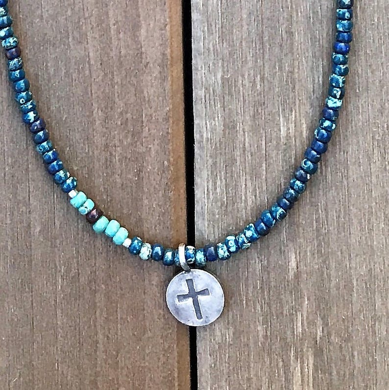 Simple Beaded Cross Necklace Blue and Turquoise Beaded | Etsy