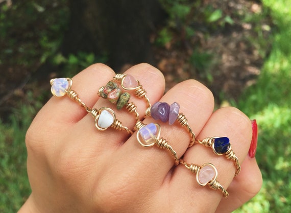 Adjustable 14k Gold Fill Wire Wrapped Crystal Ring Gold Gemstone