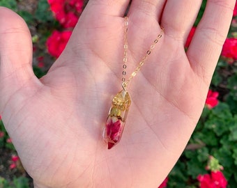 Real Rosebud Crystal Necklace / Resin Crystal Dried Flower Necklace / Botanical Necklace /Terrarium Pressed Flower 24k Gold Filled Chain