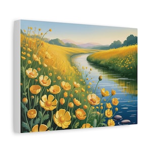 Yellow Flower Landscape Canvas Art: Botanical Nature Print