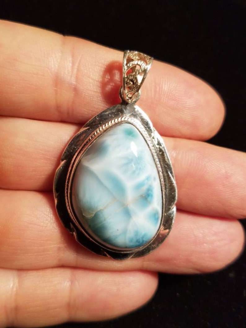 Larimar Pendant Sterling Silver Statement Huge Big Necklace Jewelry Boho