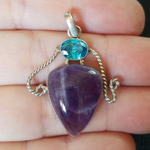 Amethyst Blue Topaz Sterling Silver Pendant, Amethyst Necklace, Boho Jewelry, Boho Pendant,  February Birthstone, December Birthstone