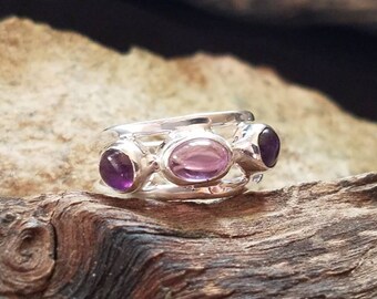 Amethyst Ring, Silver Amethyst Ring, Sterling Silver Ring, February Birthstone Ring, Boho Ring, 3 Stone Ring, Gift for Her,  Size 7.5