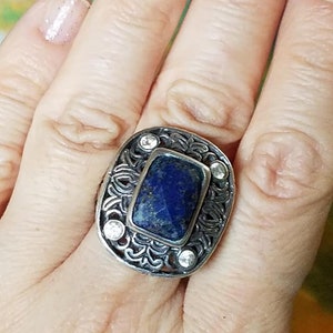 Lapis White Topaz Vintage Sterling Silver Ring size 7.5, Lapis Lazuli Ring, Boho Jewelry, Boho Ring, Statement Ring, Gipsy Ring
