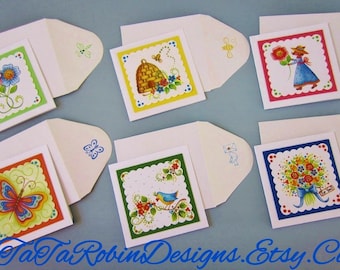 TaTa/'s Spring Note Card Set-Originial Prints-Six Designs-With Envelopes-Flowers-Thank you-Bee Hive-Birthday-Butterfly-Blue Bird-Love-Glitter
