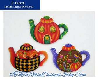 E-PACKET-Autumn Teapot Ornaments-PDF Instant Download-Instructional Decorative Tole Painting Pattern Packet-Wood Teapot Ornaments-Pumpkin