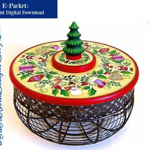 E-PACKET- All Around the Tree-PDF Instant Download-Instructional Decorative Tole Painting Pattern Packet-Christmas Basket w/ Lid-Santa-Holly