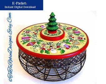 E-PACKET- All Around the Tree-PDF Instant Download-Instructional Decorative Tole Painting Pattern Packet-Christmas Basket w/ Lid-Santa-Holly