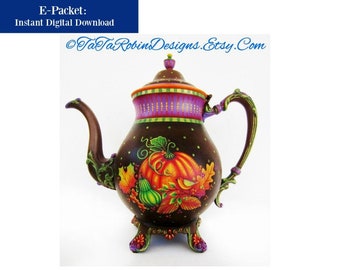 E-PACKET-Autumn Tea With Friends-PDF Instant Download-Digital Instructional Decorative Tole Painting Pattern Packet-Teapot-ThanksgivingDecor