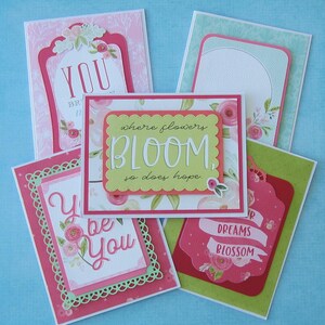 CARDS -5 Spring Handmade Cards I - Pretty Different Designs- Can be Packaged for Gift Giving- Blank Inside w Envelopes- Carta Bella Designs