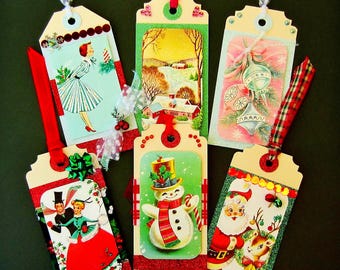 TAGS-Christmas Tags-Handmade Set of 6 Tags-Retro Woman-Snowman-Village-Skating Couple-Bulbs-Santa w Reindeer-50s Era Vintage Christmas Tags