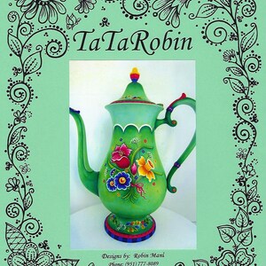 May include: A green teapot with floral designs painted on the side. The teapot has a white rim and a colorful base. The teapot is surrounded by a black and white floral design.