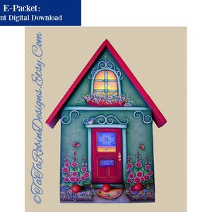 Puede incluir: Una pintura digital de una casa verde con un techo rojo, una puerta roja y una ventana con una caja de flores roja. La casa tiene una alfombra de bienvenida y flores en frente.