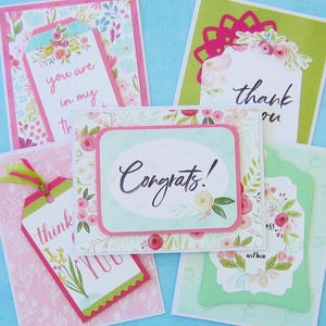 CARDS - 5 Spring Handmade Greeting Cards II - Pretty Different Designs-Can be Packaged for Gift Giving-Blank w Envelope- Carta Bella Designs